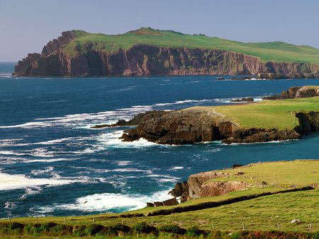 Sybil Head Peninsula, Ireland - rock formation, waves, sea, grass, sky