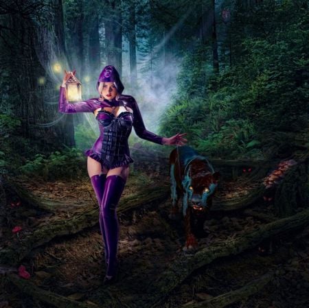 PANTHER AND SEXY IN PURPLE - woman, sexy, trees, light, night, black, panther, purple, fdeep, forest