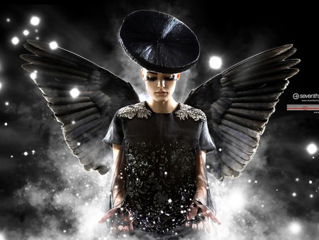 people_black_angel - lady, black, people, hat, models, angel, eyes