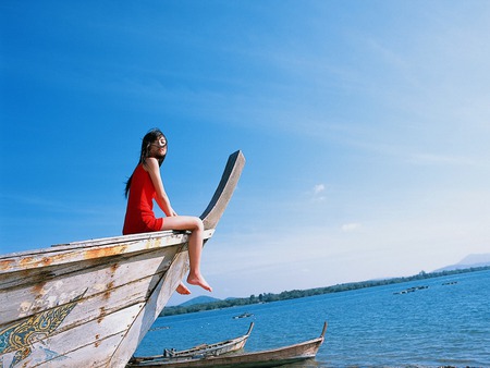 Ogura_Yuko - sky, lady, japan, boat, beach, models, nature, blue