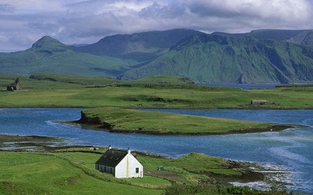 Farm Cottage, Hebrides, Scotland - cottage, vergetation, clouds, island, water, mountains