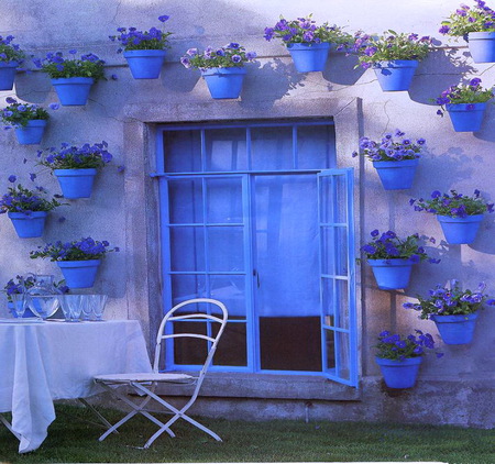 My blue heaven - outside, chair, window, blue pots, wall, table, house, flowers, grass