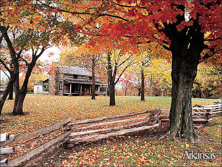 autumn cabin - nature, autumn, fence, trees, red, cabin, arkansas, usa