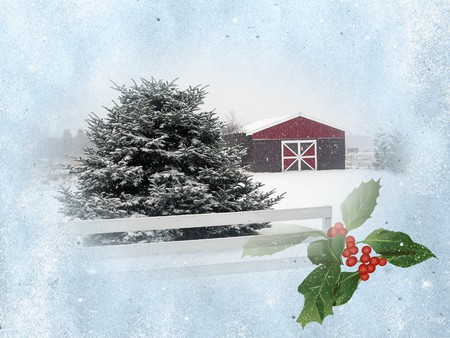 Our Winter Barn - farm, sky, fence, trees, winter, christmas, country, snow, firefox persona, barn