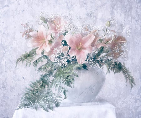 Still Life - white, painting, pink, beautiful, table, flowers, still life, vase