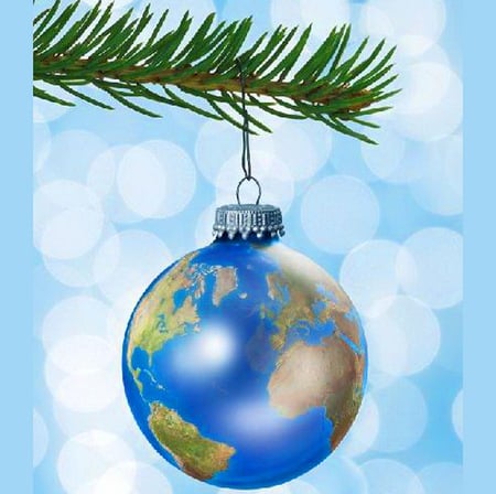 The world in celebration - clouds and sky, ball, green oine branch, christmas, earth