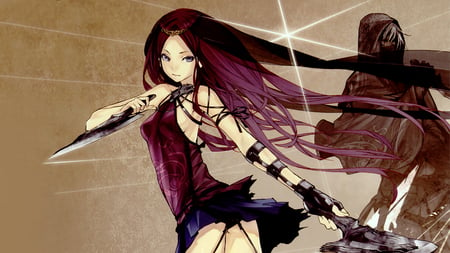 Battle Girl - girl, red hair, black, white, brown, battle, suit, weapon, sword