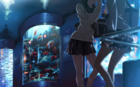 One day in the Museum - girls, water, black, museum, school uniform, dark, blue, fish, uniform