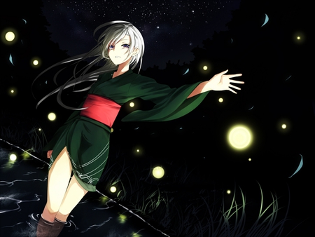 Shining Night - star, girl, grass, night, dark, black, white, red, green, sky