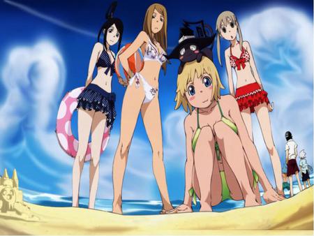 the beach - girls, woman, maka, women, blair, beach, girl, female, thompson, soul eater, patty, bikini, swim suit, anime, tsubaki