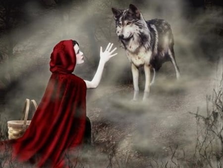 Little Red Riding Hood and the wolf - wolf, abstract, female, fantasy, red riding hood