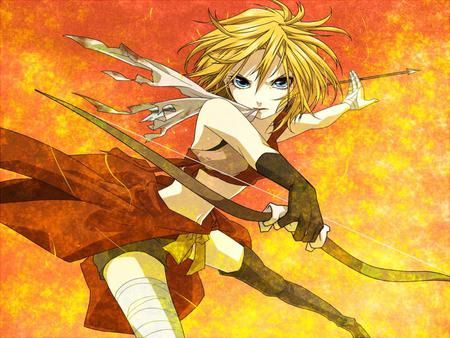 Champion Archer Rin - hot, music, thighhighs, yellow hair, yellow, kagamine, cool, sexy, kagamine rin, warrior, song, gloves, vocaloids, program, bow, beautiful, vocaloid, diva, nice, beauty, singer, model, archer, virtual, red eyes, rin, pretty, idol, anime, orange, cute, arrow, girl, string, awesome