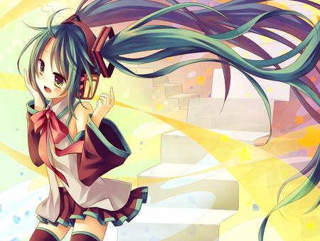 Hatsune Miku - virtual, miku, vocaloids, song, microphone, singer, cool, headphones, awesome, vocaloid, thighhighs, anime, twintail, skirt, aqua hair, hatsune, black, cute, beautiful, hot, girl, white, bow, program, aqua eyes, pretty, yellow ribbons, glow, aqua, beauty, sun, diva, blushing, nice, tie, sexy, idol, headset, music, hatsune miku