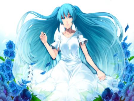 Hatsune Miku - tears, aqua, music, white, cool, aqua eyes, hatsune miku, song, blue rose, vocaloids, program, beautiful, vocaloid, diva, dress, nice, beauty, singer, aqua hair, virtual, pretty, idol, anime, miku, cute, love, girl, sad, white dress, crying, hatsune, blue, flowers, awesome