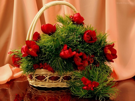 Still life - valentines, red, tulip, basket, flower