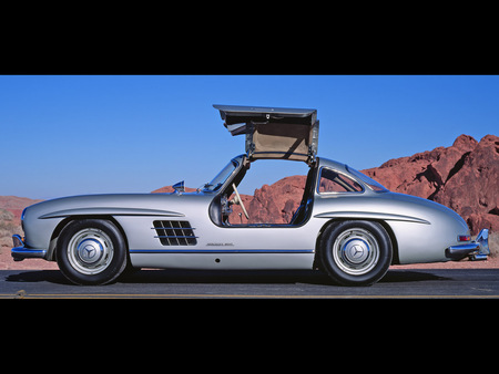 Nice view! - mercedes benz, gull-wing, rock, 300sl coupe, roadster, mountain, silver, sports car, side door