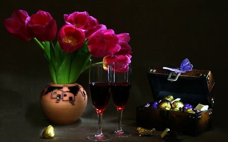 Still Life - beauty, nice, glasses, photography, colorful, tulips, wine, still life, box, pretty, romance, chocolate, glass, lovely, vase, nature, butterfly, romantic, beautiful, tulip, flowers, colors