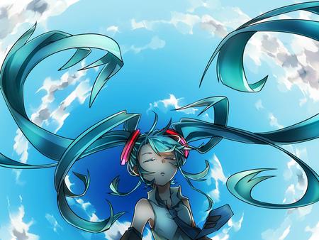 Hatsune Miku - pretty, tears, headphones, sad, nice, program, beauty, virtual, white, cute, aqua eyes, song, vocaloid, anime, blue, twintail, hatsune miku, crying, microphone, dark, music, aqua, sky, idol, clouds, beautiful, singer, girl, cool, black, miku, awesome, diva, aqua hair, hatsune, vocaloids, headset