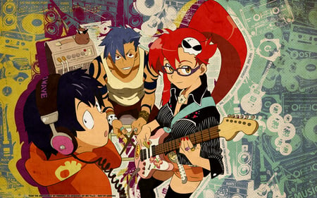 Play the Impossible - skull, hot, thigh highs, glasses, guitar, badass, music, anime girl, amp, cool, boota, sexy, long hair, yoko littner, band, stunning, red hair, pink, beautiful, kickass, records, tribal, guy, beauty, tengen toppa gurren lagann, redhead, smiling, kamina, graffiti, yoko ritona, cleavege, black, yoko, idol, anime, cute, short hair, yellow eyes, stars, girl, speakers, gurren lagenn, tattoos, blue hair, simon, boy, headphones, red, singing, awesome, smile, flowers, flower