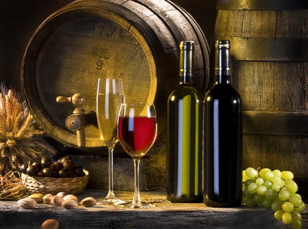 still life - cups, beautiful, photography, barrels, almonds, photo, cool, still life, drink, harmony, grapes, wine, wheat, fruit, nice, cup