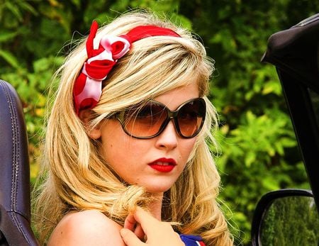 PRETTY FACE - car, woman, blond, model, headband, young, sunglasses