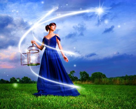 MAGIC OUT FROM CADGE.. - clouds, blue, dress, freedom, grass, lovely, cadge, green, woman, field, sky