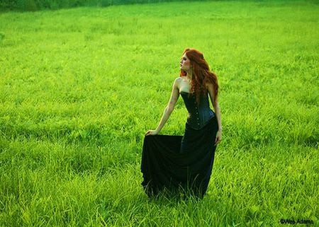 GREEN GRASS AND REDHEAD - red, peacefull, long, beauty, grass, field, hair, peace