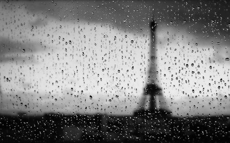 Rainy Paris - view, window, rain, architecture, paris, black and white, eifle tower