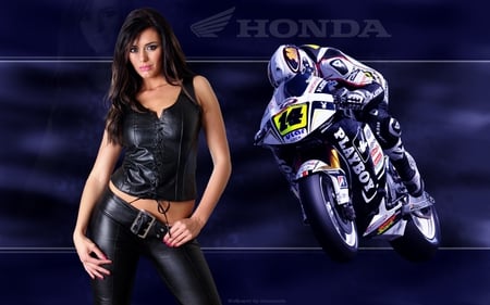 Honda & girl - bike, sport, honda, leather, girl, motocyclist