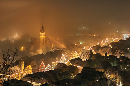 Foggy Glow - christmas, winter, holiday, fog, lights, city, night