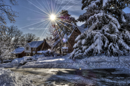 Winter sun - house, snow, winter, sun