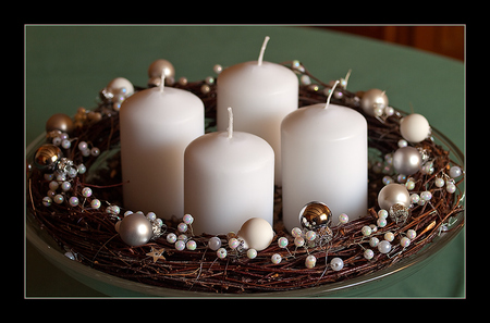 Advent Candles for my friend Cinzia - white, christmas balls, candles, beautiful, table, green, four, decoration