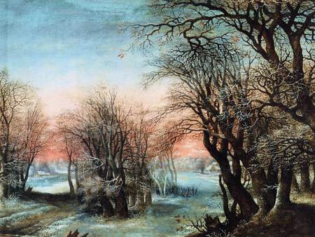 winter lays on the land - pinksky, trees, winter, snow, houses, paths