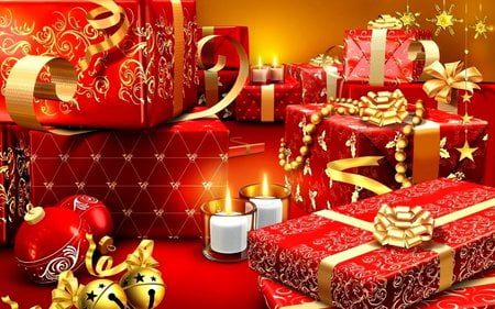 CHRISTMAS GIFTS - christmas, gifts, red, gold, candles