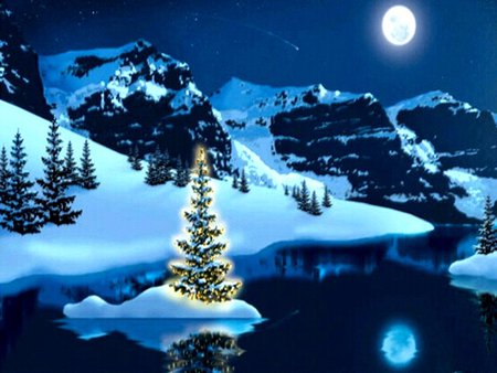 COLORADO CHRISTMAS - moon, trees, winter, snow, reflection, stars, christmas, lake, mountains, colorado, sky