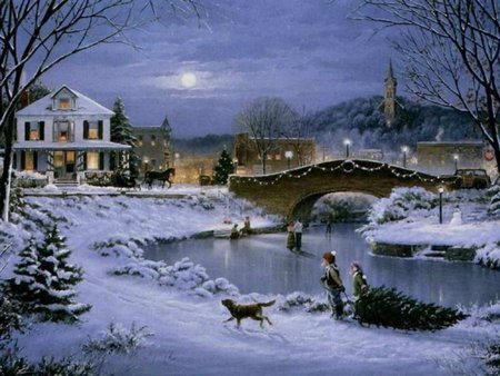 GETTING READY FOR CHRISTMAS - houses, winter, kids, christmas, painting, christmas tree, village, children, snow, dog, lights