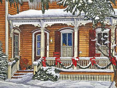 The Old Farmhouse Porch - winter, beautiful, farmhouse, snow, chilly, garland, crisp, christmas, porch, cold, decorations, wreathes, country