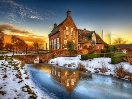 The First Snow - snow, grass, reflection, villa, car, view, houses, sky, clouds, house, trees, winter, water, beautiful, road, beauty, colors, lovely, architecture, colorful, river, nature, sunset, peaceful, bridge, building