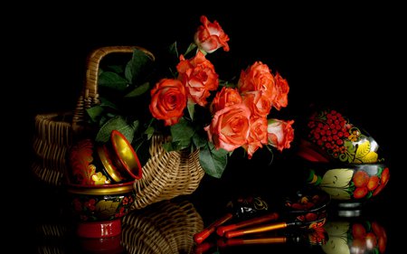 Beautiful Roses - pretty, roses, romantic, orange roses, romance, reflection, flowers, bowl, beautiful, spoons, photography, chinese, beauty, colors, lovely, with love, still life, basket, colorful, nature, rose, cute