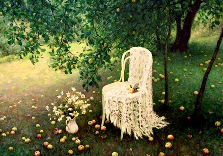 The Shawl - pitcher, vase, trees, road, grass, chair, flowers, daisies, apples, shawl