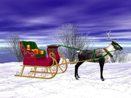 REINDEER - clouds, christmas, sleigh, winter, gifts, snow, reindeer, sky