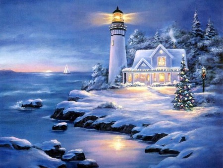 SEASIDE CHRISTMAS - house, christmas, winter, lighthouse, lights, snow, seaside, ocean