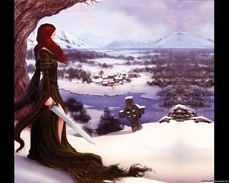 Warrior Woman - warrior, red hair, village, great view, woman, snow