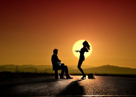 COUPLE ON ROAD - flirt, dance, couple, travel, waiting, luggages, sunset