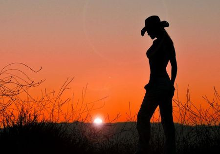 CAWGIRL ON SUNSET - sillhuette, cowboy hat, woman, girl, shadow