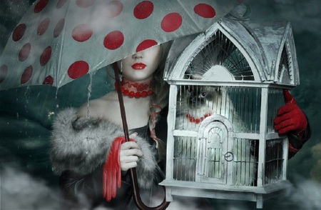 A Walk in the Rain - female, cat, umbrella, bird cage, spots, fantasy, gloves