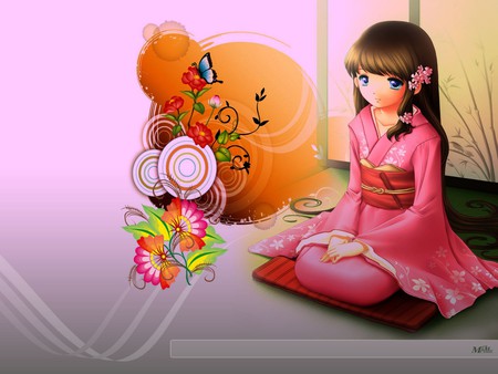 Anima - flower, butterflies, kimono, anime, girl, other, eyes