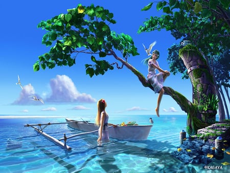 Splendor - tree, ocean, fantasy, women