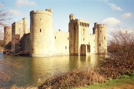 Bodiam Castle, UK - vegetation, water, towers, light yellow, castle, sky