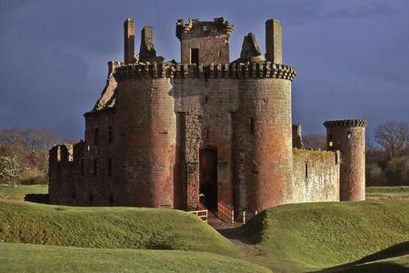 Castle - towers, narrow gate, castle, round, square, grass